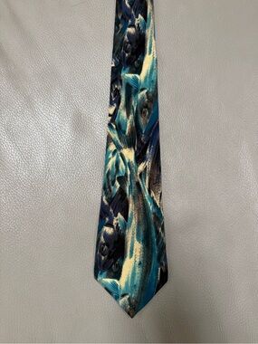 Vintage Charles Jourdan Teal, Navy & Cream Abstract 100% Silk Tie